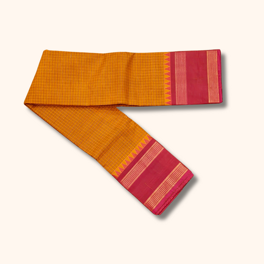 Mustard Checked Chettinad Cotton Saree with Pink Temple Border
