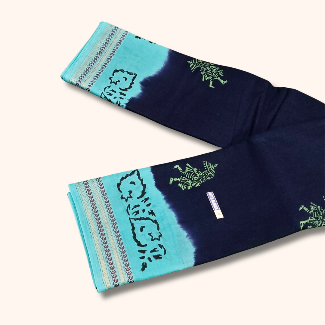 Navy Blue & Aqua Blue Batik Cotton Saree with Running Blouse