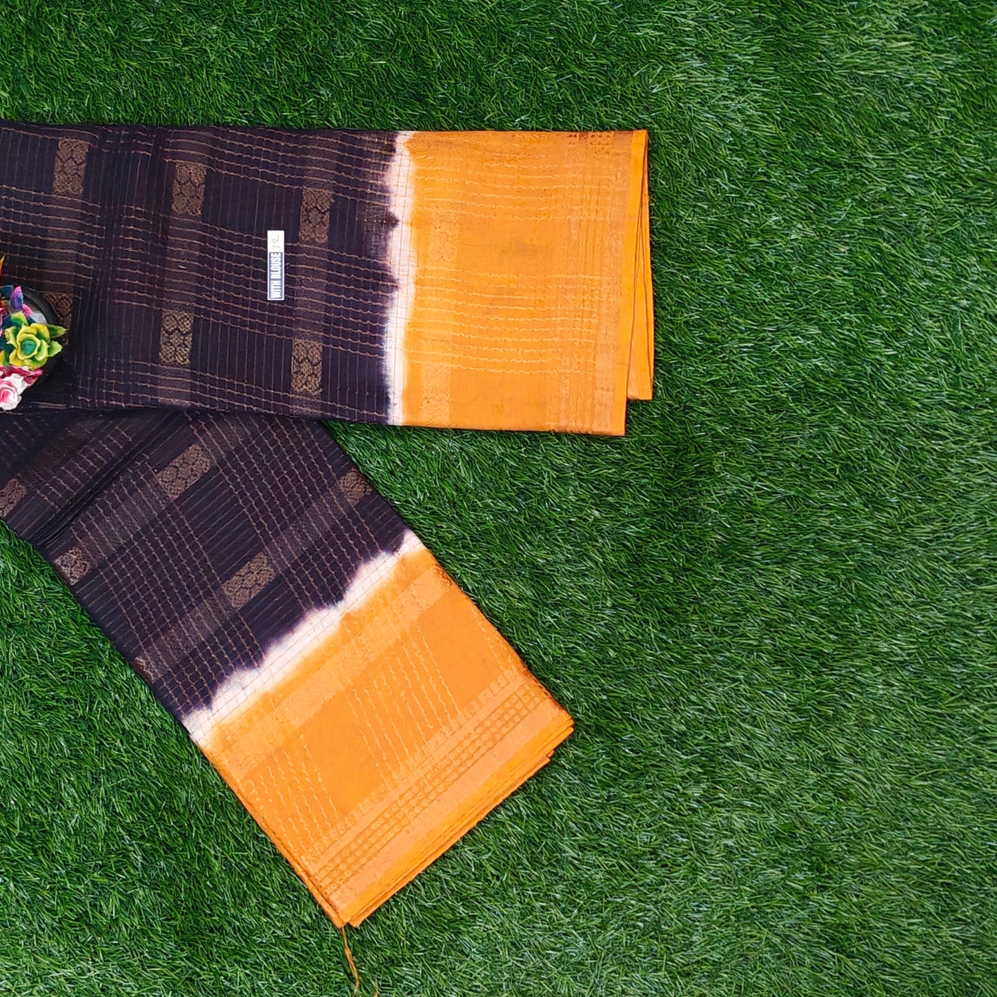 Coffee Brown Thread Work Sungudi Saree with Orange Border & Running Blouse