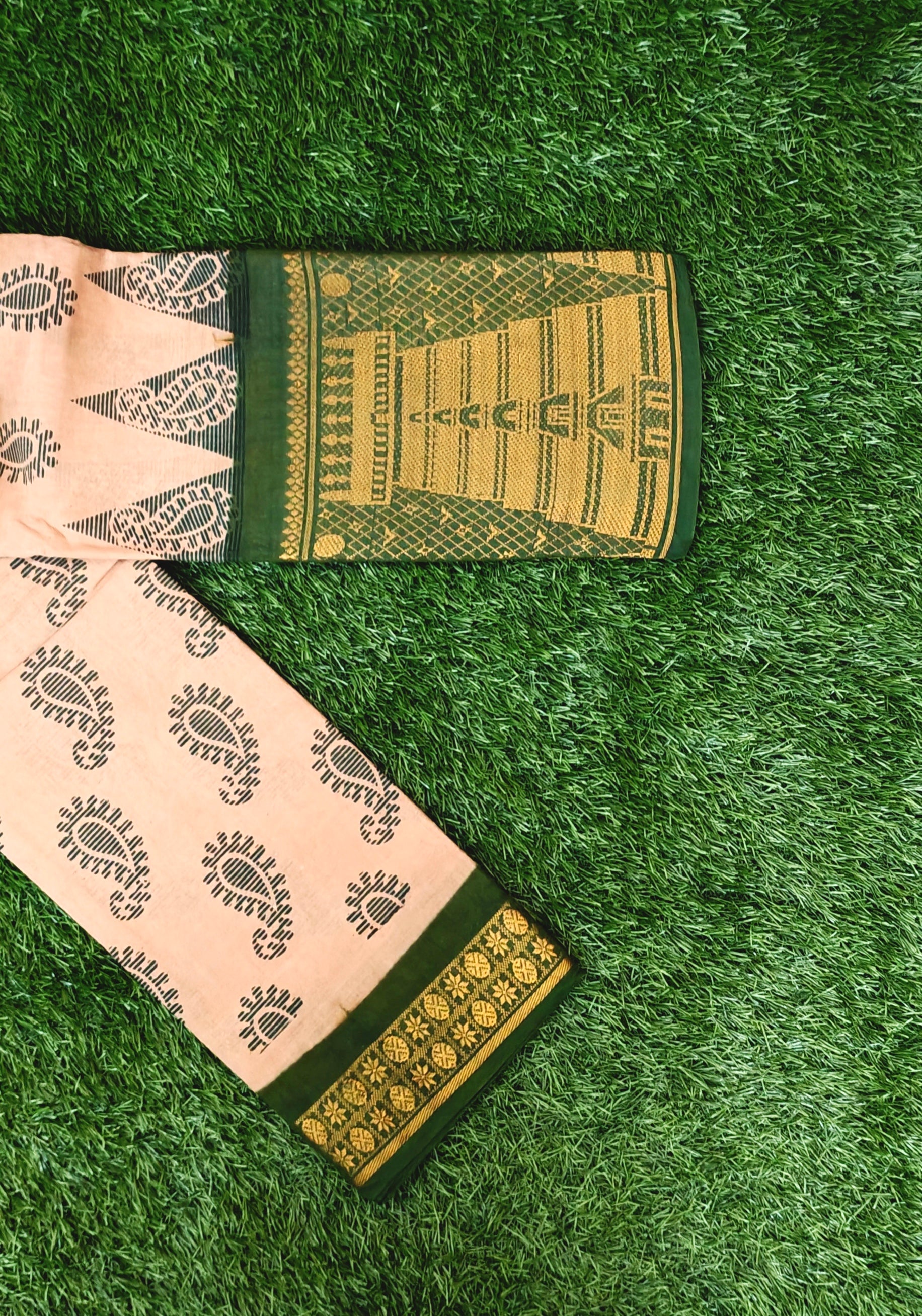 Authentic Peach Cotton Saree with Green Temple Border – Traditional Printed Design