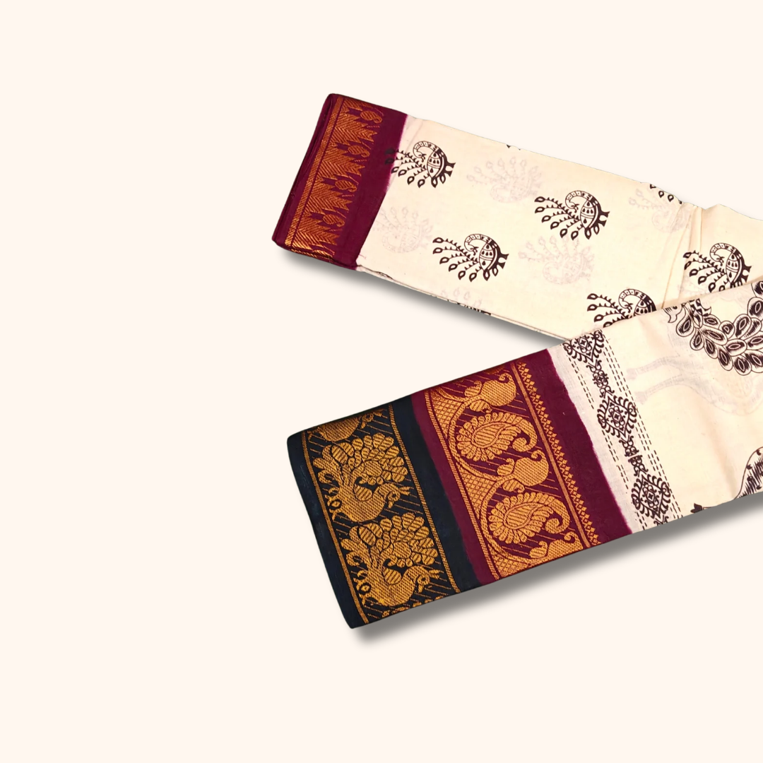 Cream Printed Sungudi Cotton Saree with Maroon & Black Peacock Zari Border