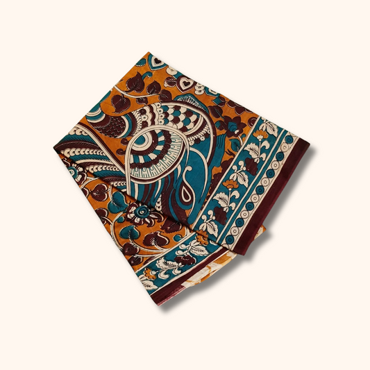 Mustard Yellow Kalamkari Cotton Saree with Peacock & Floral Prints