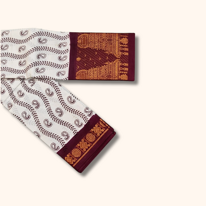 Off White Sungudi Cotton Saree with Maroon Temple Border