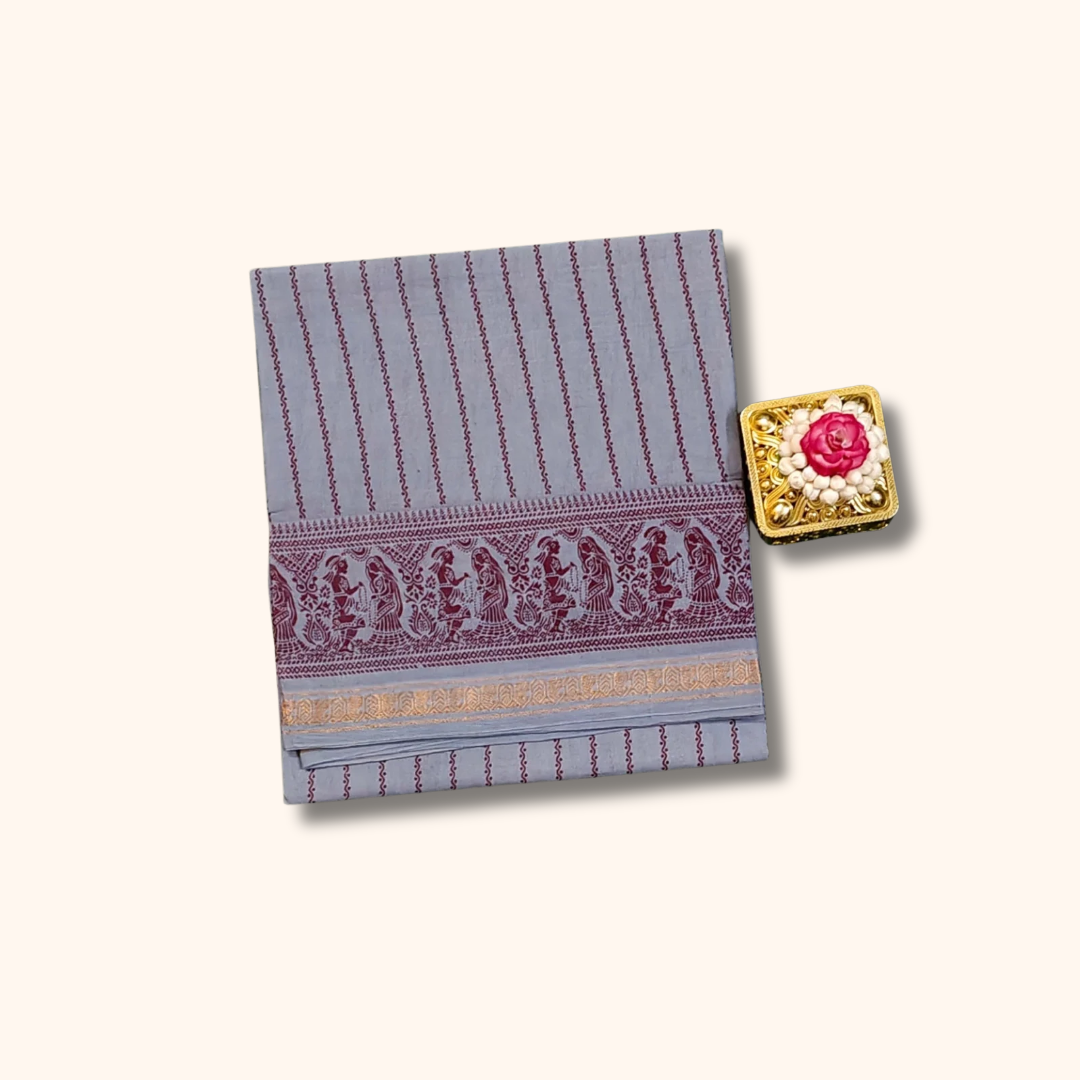 Light Grey Cotton Saree with Traditional Maroon Border Design
