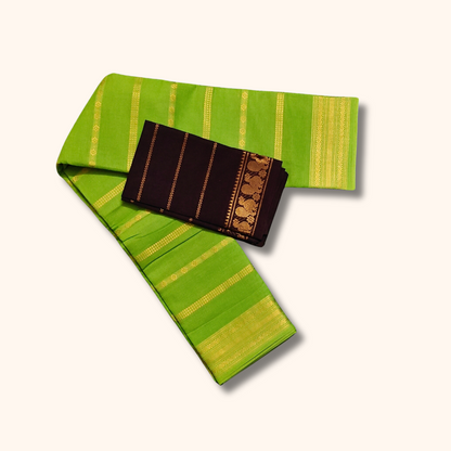 Parrot Green Sungudi Cotton Saree with Contrast Chocolate Brown Blouse