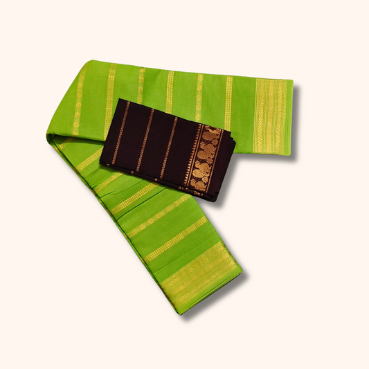 Parrot Green Sungudi Cotton Saree with Contrast Chocolate Brown Blouse