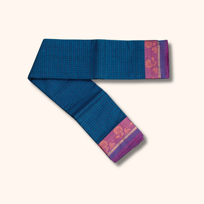 Dark sky Blue Checked Thread Work Zari Chettinad Cotton Saree