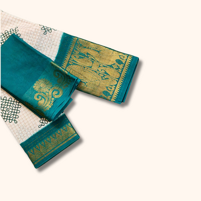 White Kolam Design Saree with Teal Border & Separate Blouse Piece