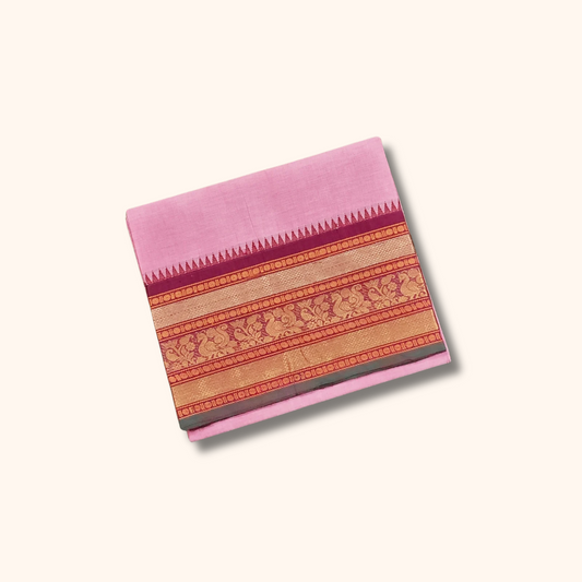 Baby Pink Cotton Saree with Traditional Zari Border