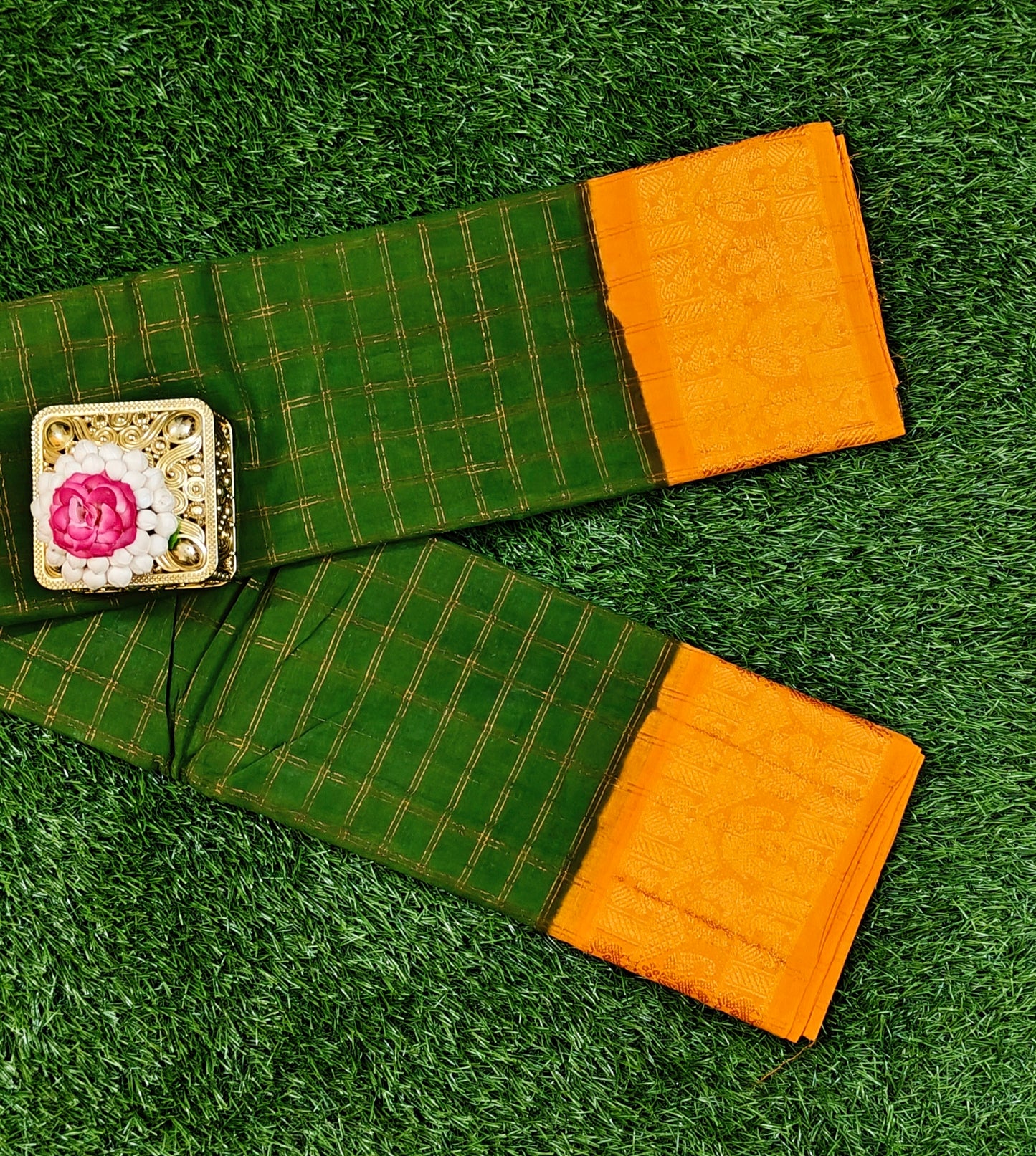Dark Green Sungudi Cotton Saree with Golden Checks & Rich Mustard Elephant Border