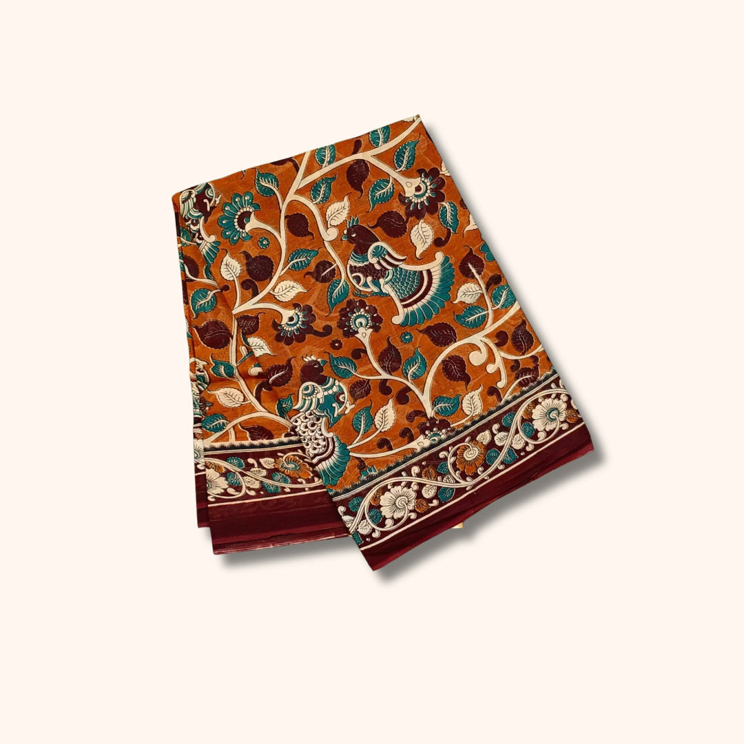 Rust Orange Kalamkari Cotton Saree with Peacock & Floral Motifs – Separate Blouse
