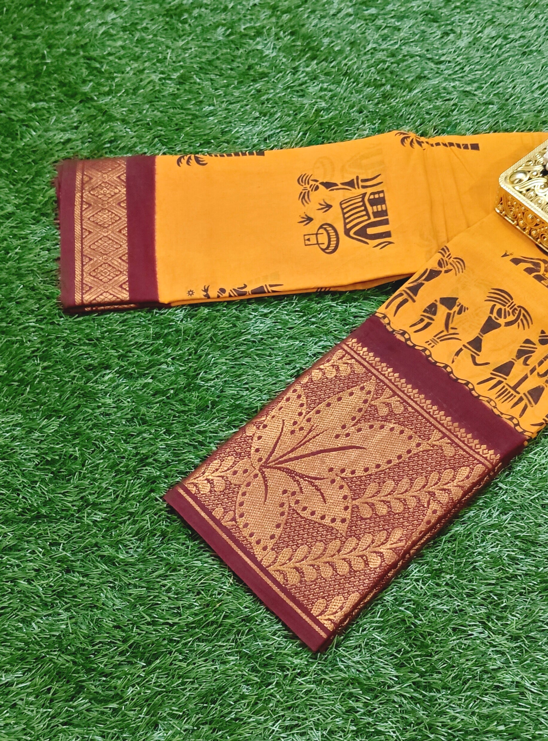 Mustard Yellow Printed Cotton Saree with Traditional Maroon Border