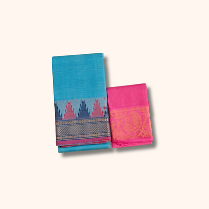Sky Blue Chettinad Cotton Saree with Temple Border