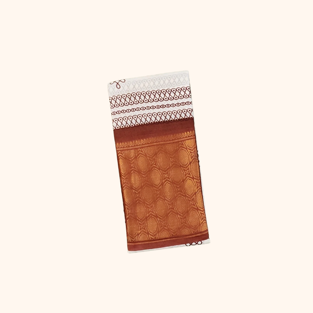 Off White Kolam Print Cotton Saree with Brown Zari Border
