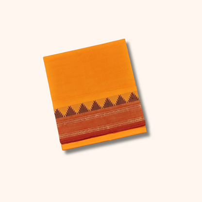 Mustard Yellow Chettinad Cotton Saree with Brown Temple Border