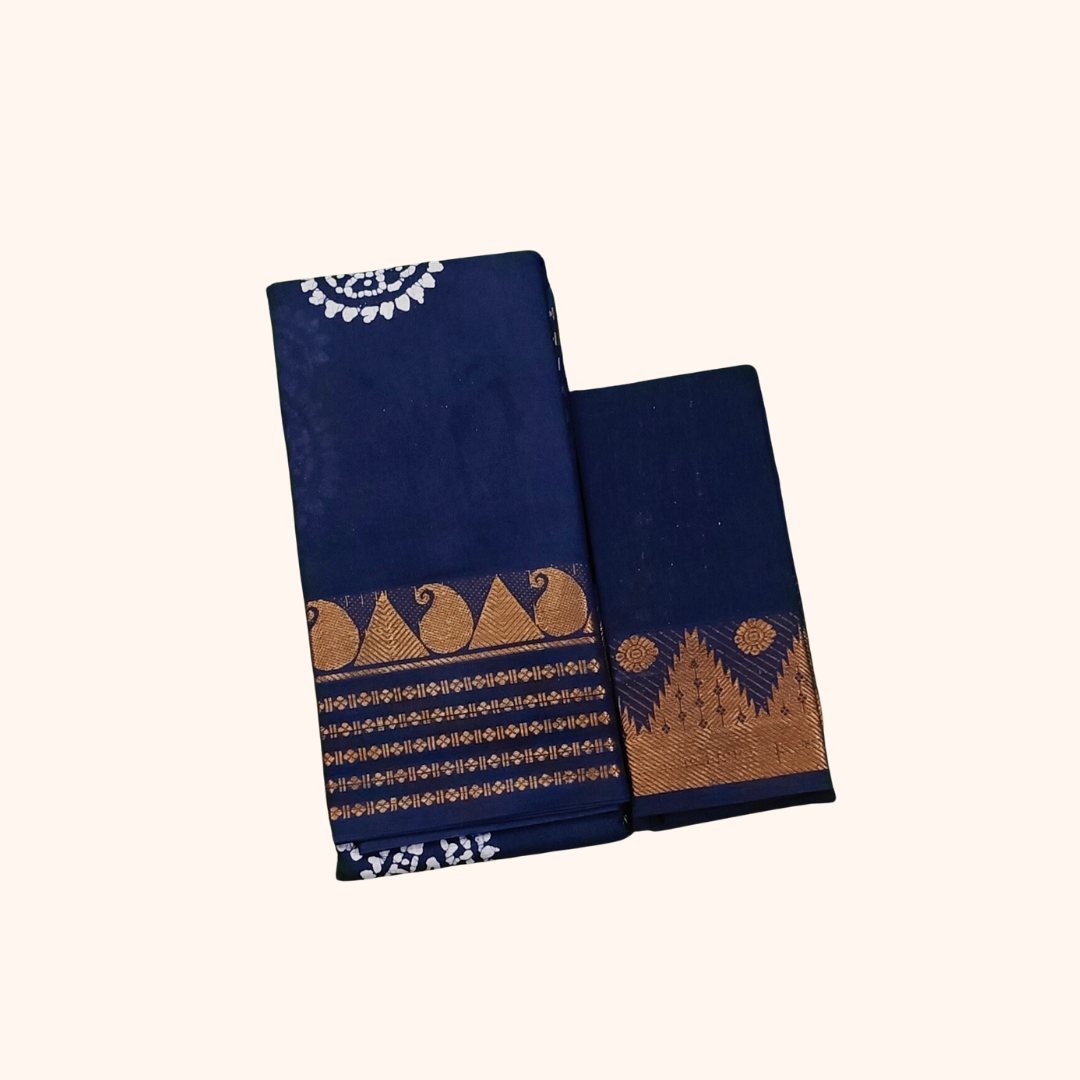 Royal Navy Blue Sungudi Cotton Saree with Traditional Gold Zari Border & Matching Blouse Piece