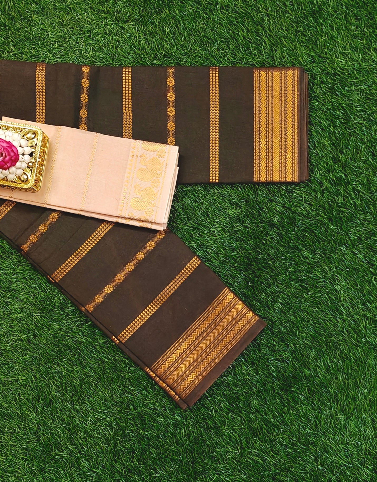 Dark Olive Green Sungudi Cotton Saree with Gold Zari Stripes & Contrast Blouse
