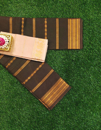 Dark Olive Green Sungudi Cotton Saree with Gold Zari Stripes & Contrast Blouse