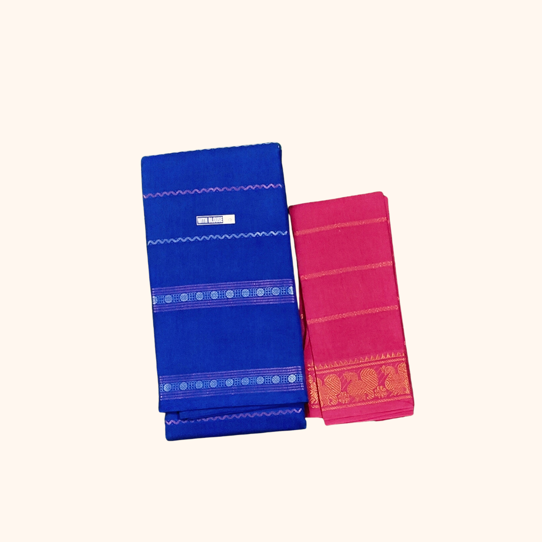 Royal Blue Sungudi Cotton Saree with Rani Pink Contrast Blouse
