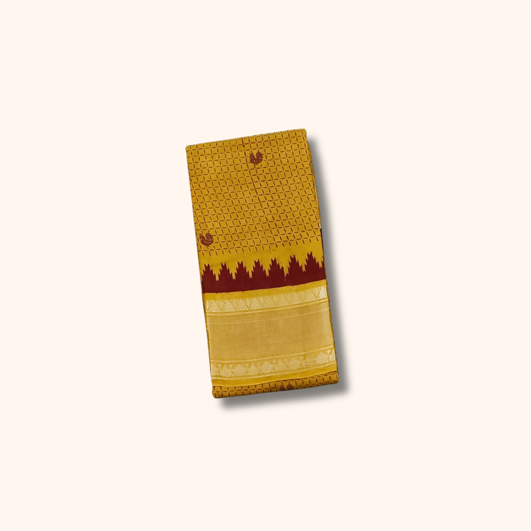 Mustard Yellow Sungudi Cotton Saree with Silver Zari Temple Border