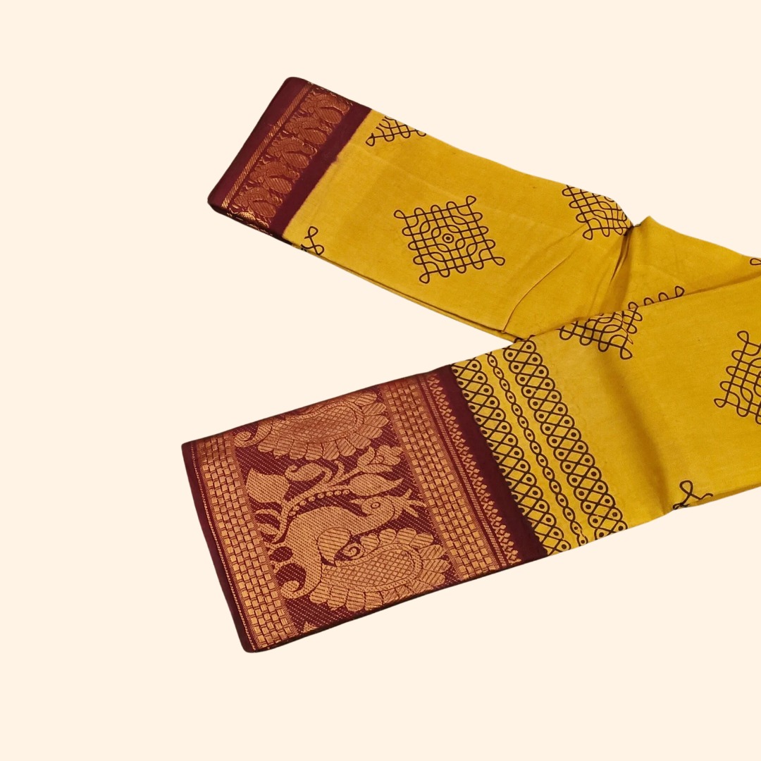 Mustard Yellow Kolam Cotton Saree with Maroon Peacock Border