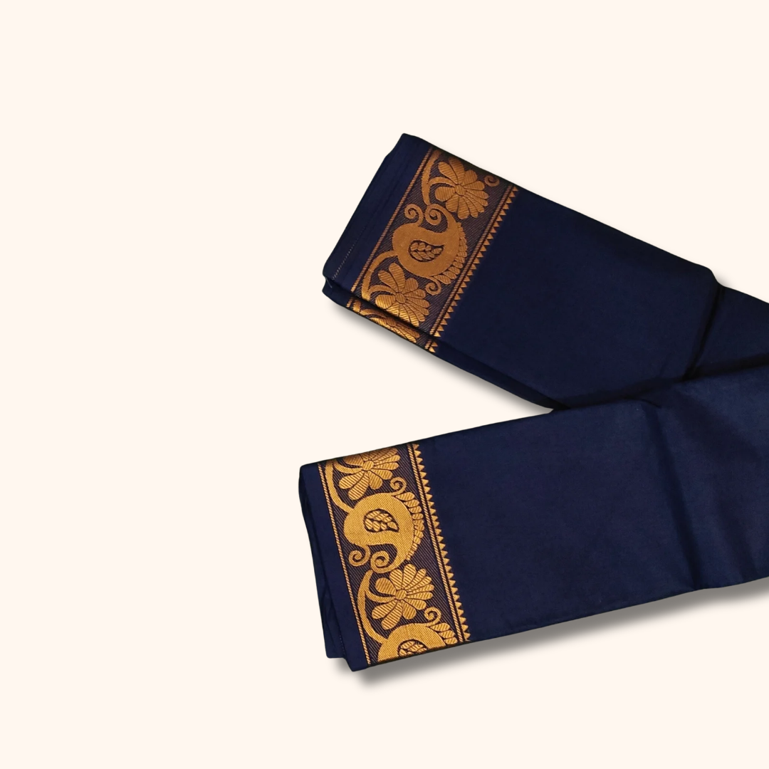 Navy Blue Pure Cotton Saree with Floral Zari Border – Running Blouse