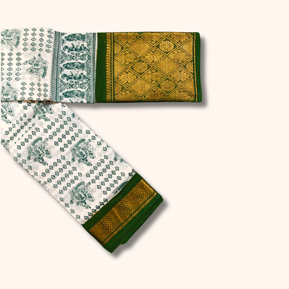 Classic White Cotton Saree with Ethnic Green Prints