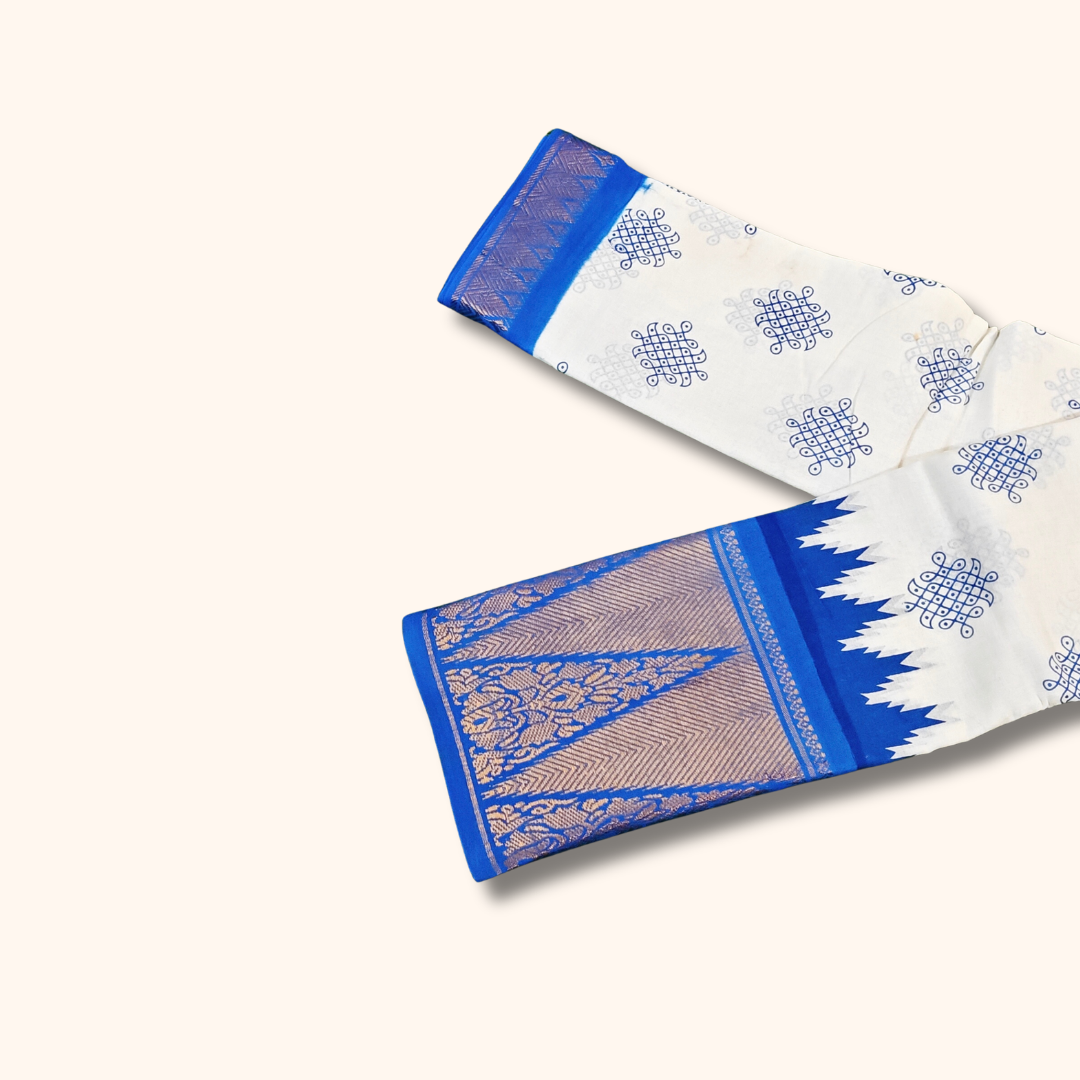 White Kolam Print Cotton Saree with Royal Blue Temple Border