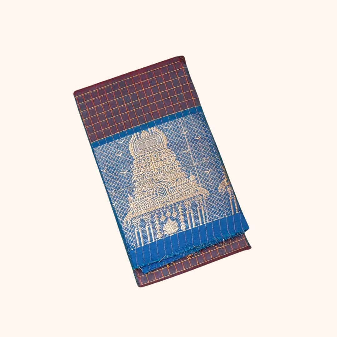 Teal blue Chettinad Cotton Saree with Royal Blue Temple Border