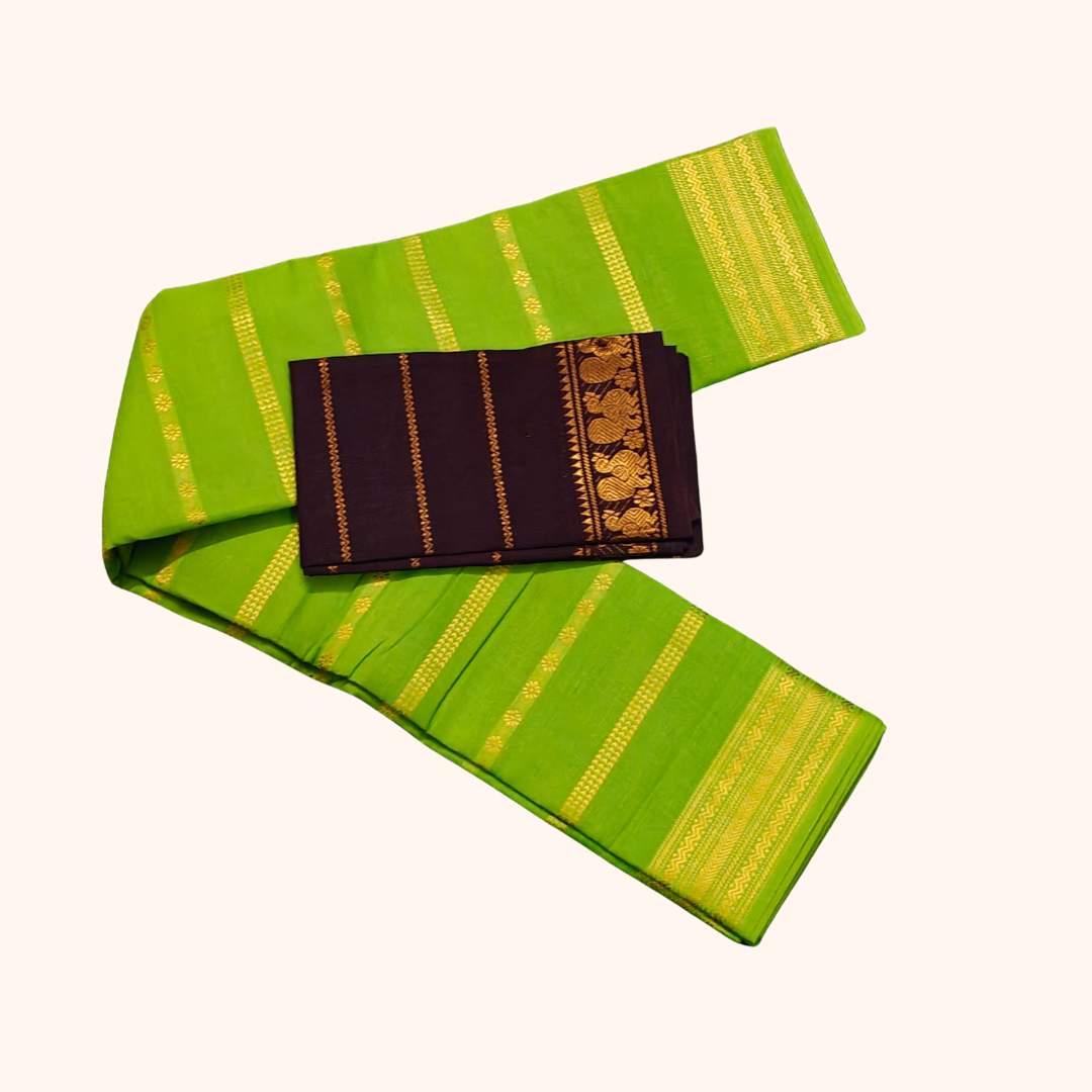 Parrot Green Sungudi Cotton Saree with Contrast Chocolate Brown Blouse