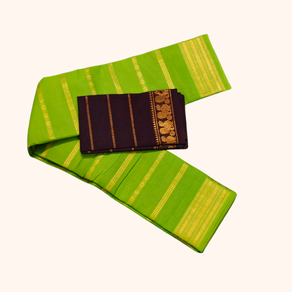 Parrot Green Sungudi Cotton Saree with Contrast Chocolate Brown Blouse