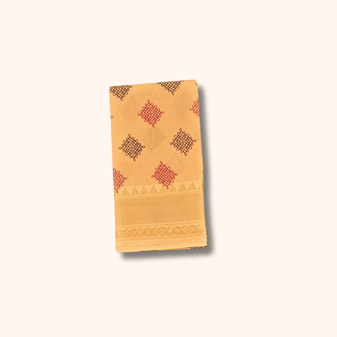 Mustard Yellow Sungudi Cotton Saree with Kolam Print & Self Zari Border