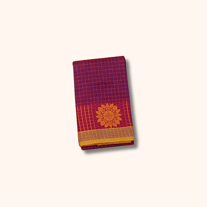 Wine Purple Checked Chettinad Cotton Saree with Gold Zari Border