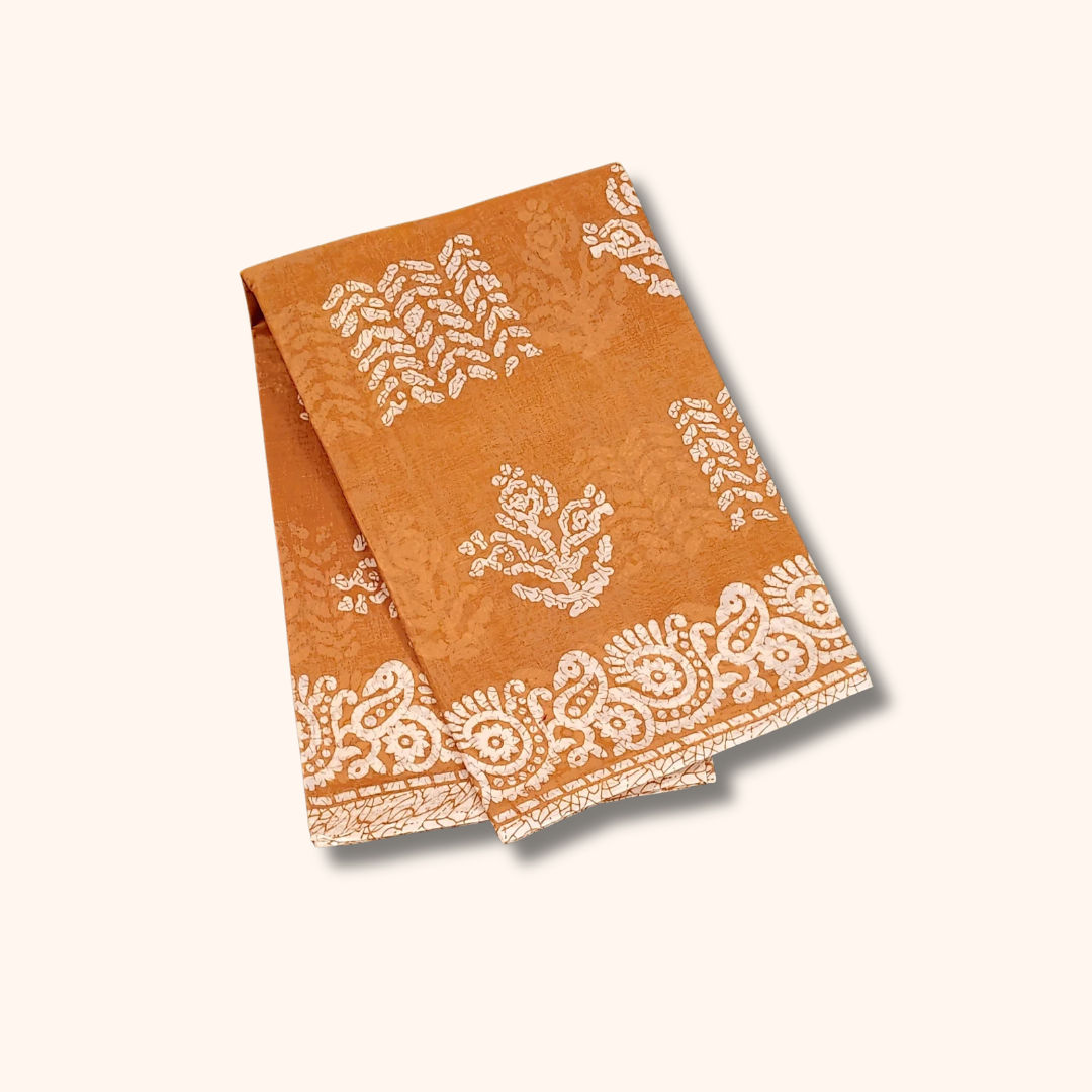 Rust Orange Cotton Saree with White Floral & Paisley Border – Separate Blouse
