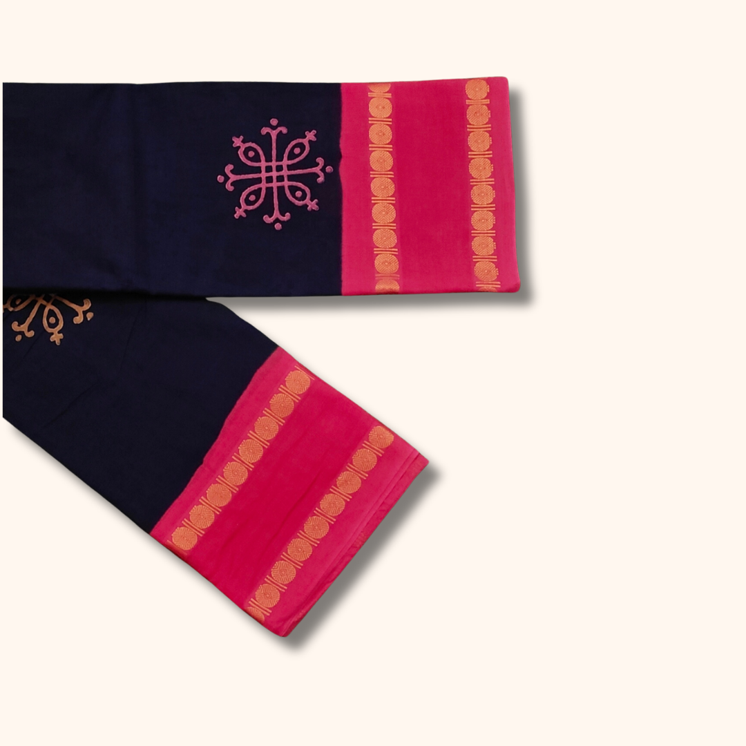 Navy Blue Cotton Saree with Pink Border – Running Blouse
