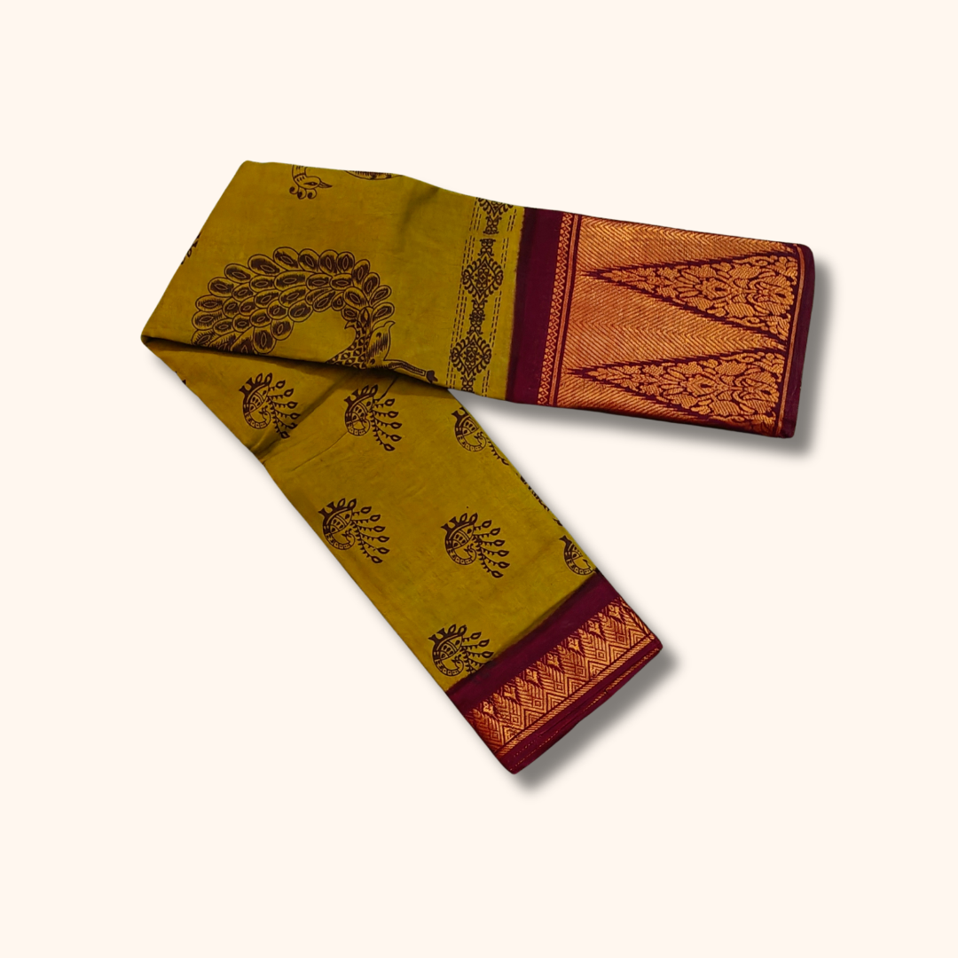 Mustard Yellow Sungudi Cotton Saree with Peacock Motifs & Maroon Gold Zari Border