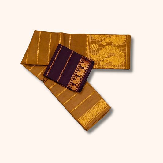 Coffee Brown Cotton Saree with Dark Purple Contrast Blouse & Elephant Zari Border