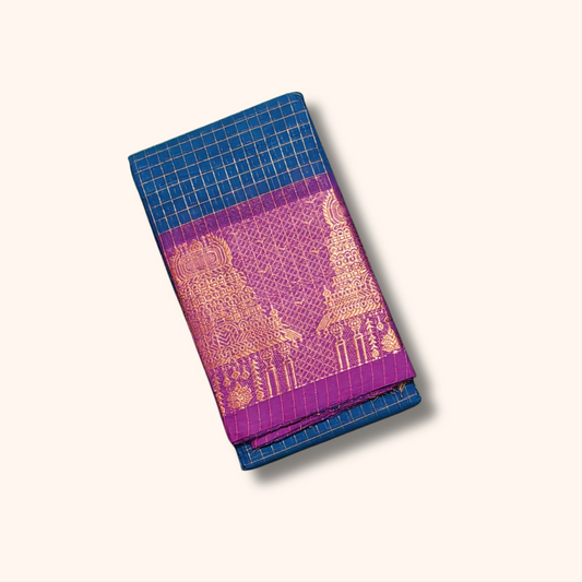 Royal Blue Chettinad Cotton Saree with Magenta Temple Border