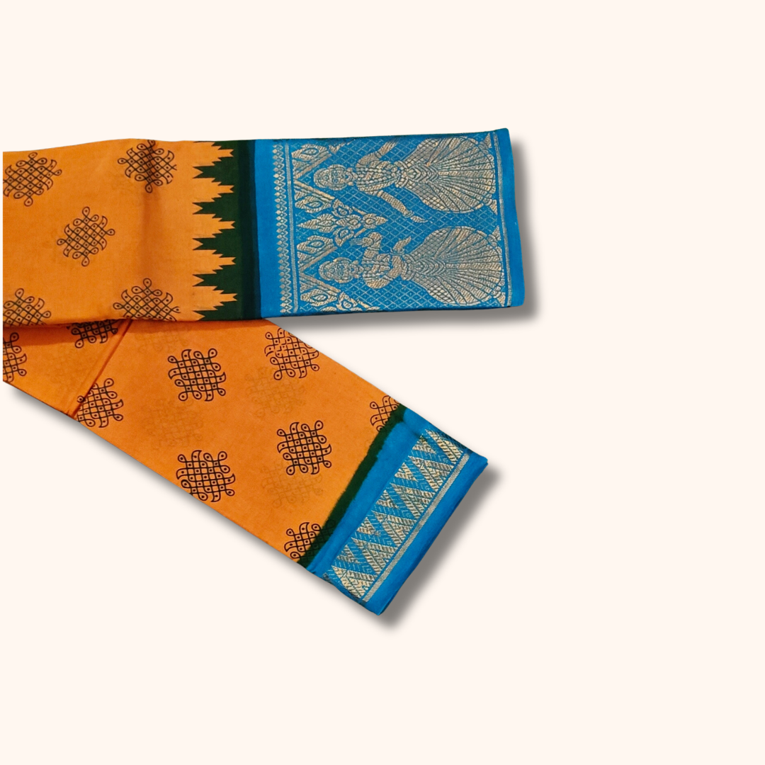 Mustard Yellow Kolam Cotton Saree with Sky Blue Dancing Girl Zari Border