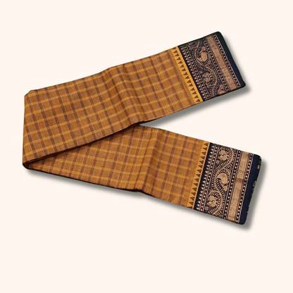 Mustard Brown Chettinad Cotton Saree with Traditional Temple Border
