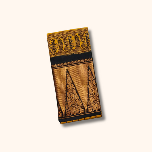 Mustard Yellow Sungudi Saree with Traditional Black Temple Border
