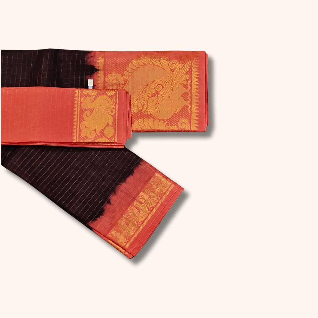 Brown Thread Work Sungudi Cotton Saree with Coral Peach Contrast Peacock Zari Border