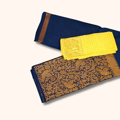 Navy Blue Vasigara Pattern Sungudi Cotton Saree with Yellow Separate Blouse Piece