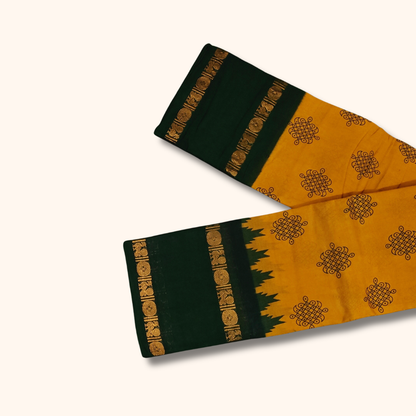 Mustard Yellow Sungudi Cotton Saree with Dark Green Traditional Border – Running Blouse