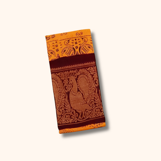 Mustard Yellow Cotton Saree with Maroon Peacock Border
