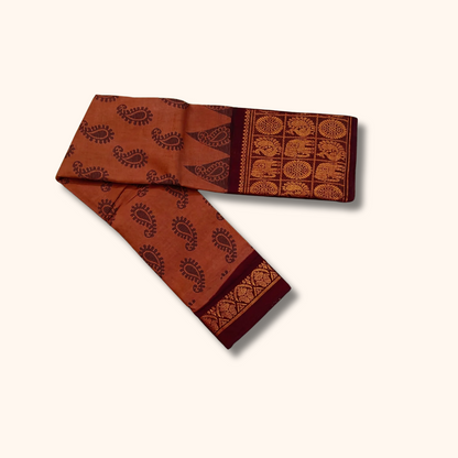 Rust Brown Cotton Saree with Black Paisley Print & Maroon Gold Zari Border – No Blouse