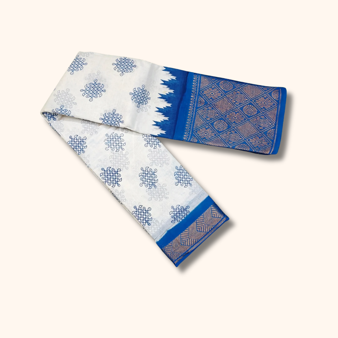 White & Royal Blue Traditional Printed Sungudi Cotton Saree with Designer Blue Border