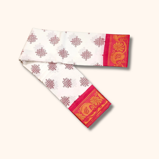 Off White Sungudi Cotton Saree with Rani Pink Peacock Border