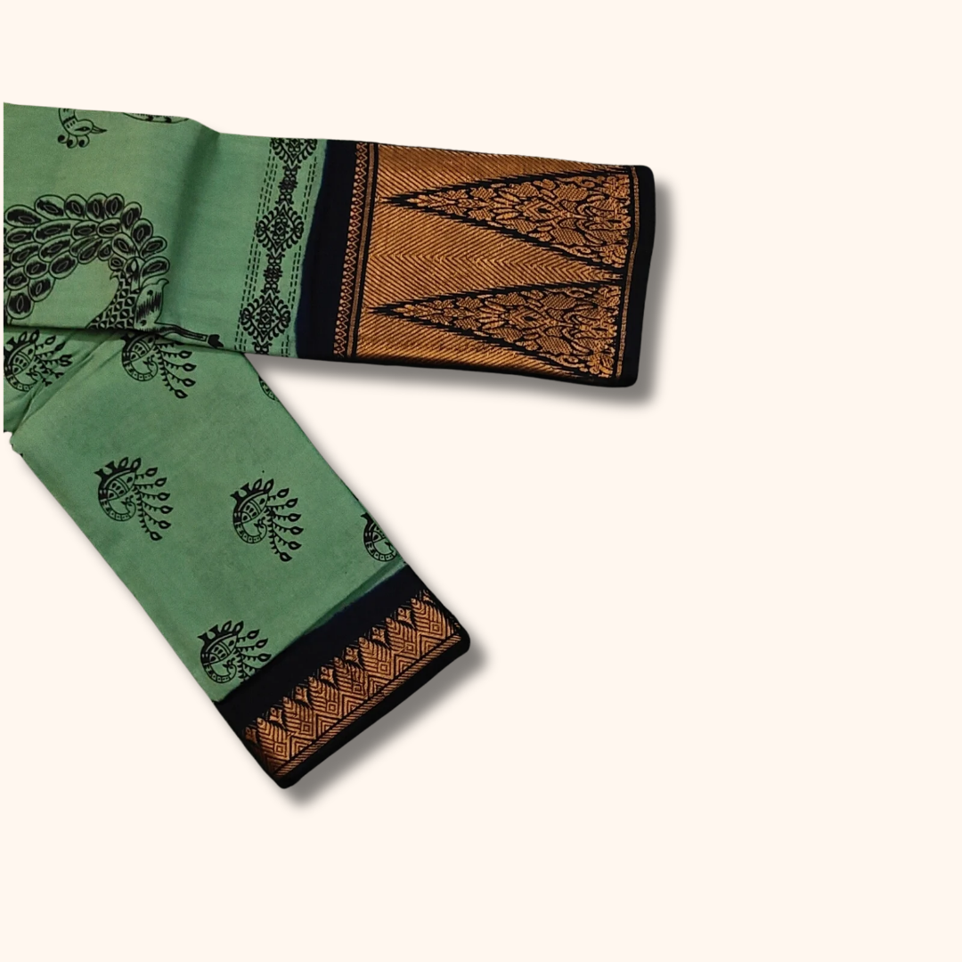 Mint Green & Black Peacock Print Sungudi Cotton Saree with Temple Zari Border