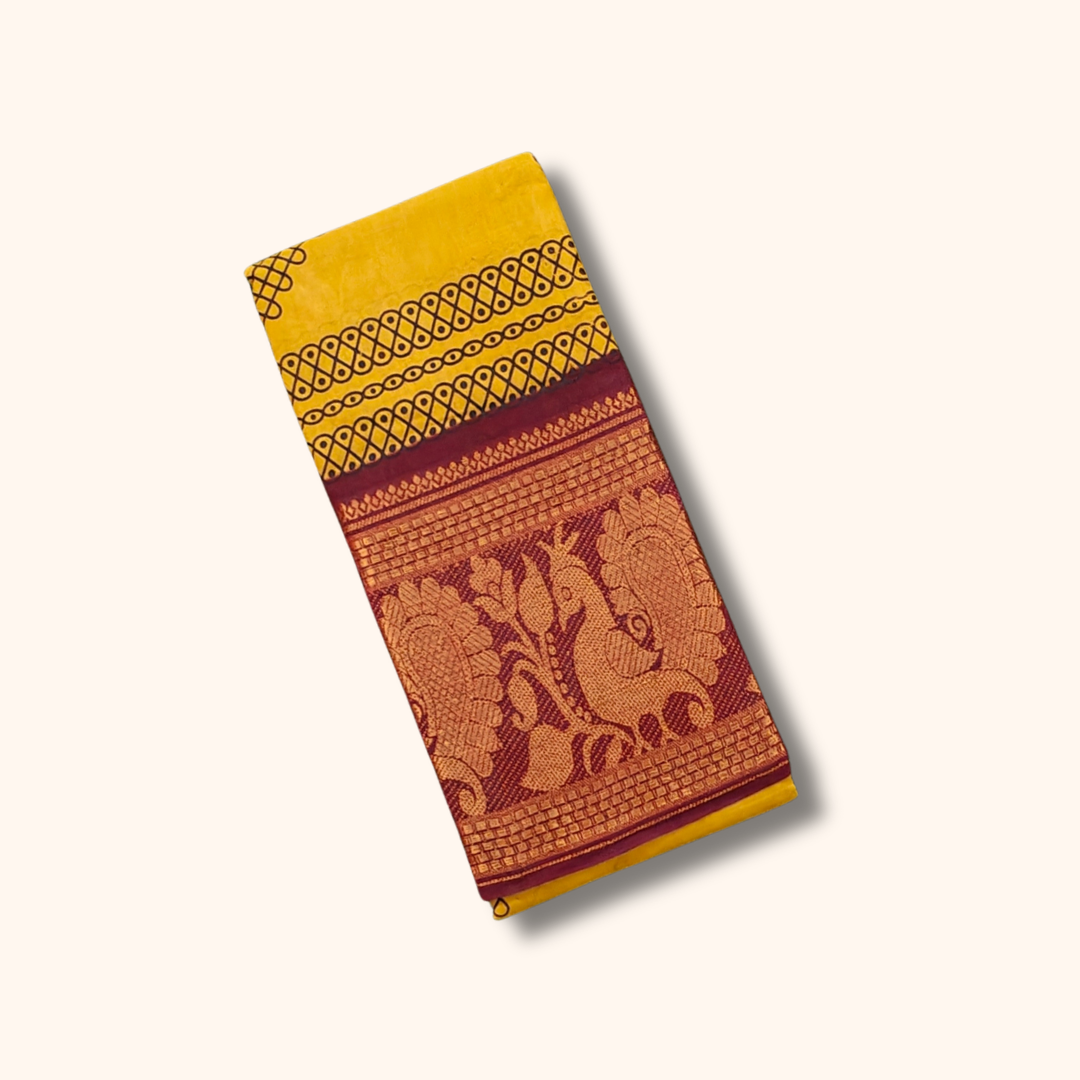 Mustard Yellow Kolam Cotton Saree with Maroon Peacock Border